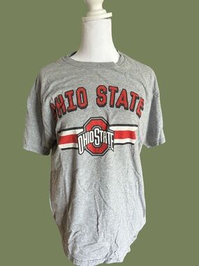 Ohio State Gray Short-Sleeve Tee with Red Logo and Stripe